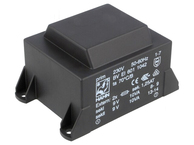 Transformator: ingegoten; 20VA; 230VAC; 9V; 9V; 1111mA; 1111mA; PCB Transformator: ingegoten; 20VA; 230VAC; 9V; 9V; 1111mA; 1111mA; PCB